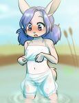  ajdurai blue_hair blush breasts clothed clothing cub drychicken fan_character female fur hair lagomorph mammal navel nipples no_underwear open_mouth pussy rabbit signature simple_background small_breasts solo water wet wet_clothes young 