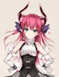  &gt;:) bad_id bad_pixiv_id bangs bare_shoulders blue_eyes blush bow closed_mouth corset curled_horns detached_sleeves elizabeth_bathory_(fate) elizabeth_bathory_(fate)_(all) eyebrows_visible_through_hair fate/grand_order fate_(series) frills grey_background grey_skirt hair_ribbon hands_on_hips horns long_hair long_sleeves looking_at_viewer naru_(ul) neck_garter pink_bow pink_hair plaid plaid_skirt pointy_ears purple_ribbon ribbon shiny shiny_hair simple_background skirt smile solo star straight_hair tsurime upper_body v-shaped_eyebrows very_long_hair 