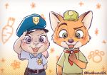  2016 anthro badge belt black_nose blush canine clothed clothing cub cute disney dotted_background duo ears_down female fox fully_clothed fur gradient_background green_eyes grey_fur happy hat judy_hopps kurokuma824 lagomorph looking_at_viewer male mammal nick_wilde open_mouth open_smile orange_fur pattern_background pink_nose police_uniform purple_eyes rabbit raised_eyebrow salute scout_uniform simple_background smile uniform young zootopia 