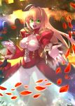  ahoge blonde_hair breasts cleavage cleavage_cutout commentary_request epaulettes eyebrows_visible_through_hair fate/extra fate/grand_order fate_(series) foreshortening green_eyes hair_between_eyes hair_intakes jacket juliet_sleeves kneehighs large_breasts long_hair long_sleeves looking_at_viewer nero_claudius_(fate) nero_claudius_(fate)_(all) open_mouth outstretched_hand panties pantyshot pantyshot_(standing) petals puffy_sleeves skirt smile solo standing star_(sky) tomoyohi translucent_dress underwear wide_sleeves 