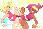  2018 2girls animated animated_gif arm_support artist_name blush clothed_sex colo_(nagrolaz) dark_skin dildo double_dildo elodie enid_(ok_k.o.!) headband high_ponytail kneehighs leotard leotard_aside looking_at_another multiple_girls ok_k.o.!_let&#039;s_be_heroes open_mouth ponytail purple_hair pussy sex short_hair short_ponytail sleeveless smile spread_legs vaginal white_legwear white_wristband wristband yellow_headband yellow_legwear yellow_wristband yuri 