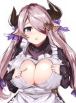  apron blue_eyes braid breasts cleavage draph granblue_fantasy guillotine_(guillo_twin) hair_ornament hair_over_one_eye highres horns large_breasts lavender_hair long_hair looking_at_viewer low_tied_hair narmaya_(granblue_fantasy) pointy_ears purple_hair single_braid solo valentine 