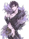  belial_(granblue_fantasy) belt black_pants black_shirt cowboy_shot feather_boa granblue_fantasy hand_on_hip male_focus middle_finger midriff pants parted_lips pectorals pointing pointing_at_self red_eyes ritsuko_(rittii) shirt simple_background smile solo toned toned_male white_background 