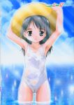  arino_hiroshi armpits bangs black_eyes black_hair casual_one-piece_swimsuit eyebrows_visible_through_hair flat_chest hair_between_eyes hand_on_headwear hat highres kohinata_nanoka koi_kaze light_rays nipples non-web_source one-piece_swimsuit pussy scan see-through solo straw_hat swimsuit water wet 