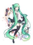  absurdly_long_hair blush boots detached_sleeves eyebrows_visible_through_hair full_body green_eyes green_hair hair_ornament hairclip hatsune_miku highres long_hair looking_at_viewer namuya_(dlcjfgns456) necktie skirt solo thigh_boots thighhighs twintails very_long_hair vocaloid white_background 