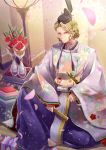  blonde_hair fire_emblem fire_emblem_if flower hat highres japanese_clothes kaboplus_ko kimono looking_at_viewer male_focus marks_(fire_emblem_if) red_eyes smile solo vase 