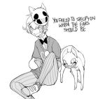 bow_tie cat clothing fangs feline footwear grin human looking_at_viewer male mammal mask monochrome nightmare_fuel off_(game) pablo_(off) pants shirt shoes simple_background smile smirk text unknown_artist white_background zacharie_(off) 