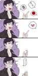  4koma belial_(granblue_fantasy) black_hair blush censored collarbone comic embarrassed feather_boa granblue_fantasy heart index_finger_raised kyuu_(ost) male_focus mosaic_censoring silent_comic simple_background solo spoken_heart spoken_object white_background 
