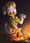  2016 4_fingers anthro avian beak beverage bird campfire clothed clothing coonskin_cap daisy_duck disney duck eyelashes feathers female fire hair_bow hair_ribbon hand_on_knee hat head_tuft hi_res holding_cup knees_together kurokuma824 looking_at_viewer neckerchief night night_sky outside ribbons scout_uniform sitting sneakers solo steam stool tuft white_feathers 