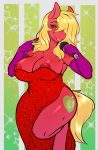  2016 absurd_res anthro anthrofied areola armwear avante92 big_breasts big_macintosh_(mlp) blonde_hair breasts clothed clothing crossgender cutie_mark digital_media_(artwork) dress earth_pony elbow_gloves equine female friendship_is_magic gloves green_eyes hair hair_over_eye hi_res holding_object horse long_hair looking_at_viewer mammal microphone my_little_pony nipples open_mouth pony solo 