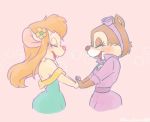  2015 anthro blush brown_fur chest_tuft chip_&#039;n_dale_rescue_rangers chipmunk clarice_(disney) clothed clothing disney dress duo eyewear female flower fur gadget_hackwrench goggles goggles_on_head hair hand_holding interlocked_fingers kurokuma824 long_hair mammal mouse open_mouth open_smile orange_fur pink_background pink_nose plant red_nose rodent role_reversal simple_background smile tuft uniform 