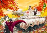  acrylic_paint_(medium) cloud commentary_request evening flag ground_vehicle hakama highres japanese_clothes leaf military military_vehicle mimit motor_vehicle mount_fuji mountain multiple_girls original sky tank traditional_media tree type_3_chi-nu 