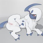  1girl absol anus blush claws feet female full_body grey_background horn looking_up lying no_humans on_side paws pokemon pokemon_(creature) pokemon_rse pussy red_eyes simple_background solo spread_legs tail uncensored white_hair youjomodoki 