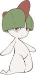  1girl blush female full_body green_hair looking_at_viewer no_humans pokemon pokemon_(creature) pokemon_rse ralts red_eyes short_hair simple_background solo standing white_background youjomodoki 