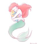  2016 ariel_(disney) blush colored_sketch disney duo eyes_closed female fin fish flounder hair hi_res hug kurokuma824 long_hair marine merfolk red_hair seashell_bra simple_background size_difference smile tail_fin the_little_mermaid white_background yellow_body 