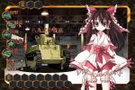  black_eyes black_hair commentary_request gameplay_mechanics garage ground_vehicle hakurei_reimu long_hair lumine_(2339) military military_vehicle motor_vehicle ribbon-trimmed_sleeves ribbon_trim tank touhou type_89_i-gou 