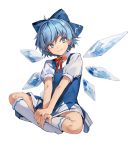  blue_eyes blue_hair blue_wings cirno dress eho_(icbm) hair_ribbon highres ice ice_wings indian_style kneehighs looking_at_viewer neck_ribbon ribbon short_hair sitting smile solo touhou wings 