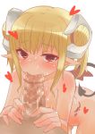  1girl ass_visible_through_thighs blonde_hair blush censored demon_girl demon_tail double_bun eyebrows_visible_through_hair eyes_visible_through_hair fellatio heart hetero horns kakuno leaning_forward mosaic_censoring nude oral original penis pointy_ears red_eyes shelly_(kakuno) simple_background solo_focus tail white_background wings 