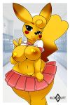  &lt;3 2018 anthro anthrofied areola big_breasts blue_eyes breasts cleft_tail clothing digital_media_(artwork) eyelashes female hi_res kloudmutt looking_at_viewer mammal navel nintendo nipples pikachu pok&eacute;mon pok&eacute;mon_(species) pok&eacute;morph pussy rodent school_uniform shirt short_stack skirt solo uniform v_sign video_games 