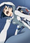  1girl arai_hiroki bangs black_bodysuit blonde_hair blue_hair bodysuit breasts ceiling commentary_request darling_in_the_franxx foreshortening glasses gorou_(darling_in_the_franxx) green_eyes hair_ornament hairclip ichigo_(darling_in_the_franxx) indoors opaque_glasses open_mouth pilot_suit short_hair skin_tight small_breasts spread_legs sweat teeth white_bodysuit 