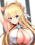  areola_slip areolae armpits azur_lane bangs bare_shoulders blonde_hair blue_eyes blurry blurry_background breasts chinese_commentary cleavage commentary_request covered_nipples damao_yu dress eyebrows_visible_through_hair eyelashes flower_ornament hair_ornament hand_behind_head hand_up highres large_breasts laurel_crown long_hair looking_at_viewer md5_mismatch parted_lips partial_commentary ribbon sleeveless sleeveless_dress smile solo upper_body veil victorious_(azur_lane) wrist_ribbon 