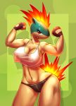  2018 anthro anthrofied big_breasts bra breasts brown_body clothed clothing elpatrixf female fingerless_gloves fire gloves green_background looking_at_viewer navel nintendo nipples panties pok&eacute;mon pok&eacute;mon_(species) quilava red_eyes simple_background solo standing tongue tongue_out underwear video_games 