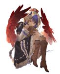  black_legwear blue_hair book boots commentary dress eho_(icbm) feathered_wings full_body head_wings high_heel_boots high_heels highres horns knee_boots kneehighs long_sleeves looking_at_viewer multicolored_hair pointy_ears red_eyes red_wings short_hair short_over_long_sleeves short_sleeves silver_hair simple_background single_head_wing smile solo tokiko_(touhou) touhou two-tone_hair white_background wings 