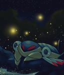 black_eyes claws commentary creature dated gen_3_pokemon glowing looking_away lying night night_sky no_humans on_stomach outdoors pokemon pokemon_(creature) rock rock-bomber signature sky solo star_(sky) starry_sky tree water 