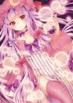  blush bow breasts choker cleavage collarbone commentary_request crescent dress eyebrows_visible_through_hair eyelashes funnyfunny hair_bow hat highres large_breasts long_hair looking_at_viewer marker_(medium) patchouli_knowledge pink_legwear purple_bow purple_eyes purple_hair red_bow side_slit solo striped thighhighs touhou traditional_media vertical-striped_dress vertical_stripes very_long_hair 