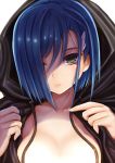 blue_hair breasts closed_mouth collarbone commentary_request darling_in_the_franxx expressionless green_eyes hair_ornament hair_over_one_eye hairclip highres hood hood_up ichigo_(darling_in_the_franxx) looking_at_viewer shading_eyes short_hair small_breasts solo teruru white_background 