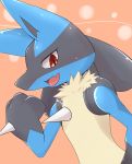  anthro black_fur blue_fur chest_spike fur lucario male nintendo open_mouth pok&eacute;mon pok&eacute;mon_(species) red_eyes simple_background smile soruagreninja standing tongue video_games yellow_fur 