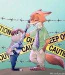 2016 annoyed anthro barbed_wire barefoot boop canine claws clothed clothing cute digital_media_(artwork) dipstick_ears dipstick_tail disney duo ears_down female fox fully_clothed fur grey_fur half-closed_eyes hand_in_pocket hand_on_head hand_on_hip hawaiian_shirt judy_hopps kurokuma824 lagomorph looking_down looking_up male mammal multicolored_tail necktie nick_wilde one_eye_closed open_mouth pants police_tape police_uniform purple_eyes rabbit raised_arm red_fur shirt simple_background size_difference standing teeth toe_claws tongue uniform zootopia 