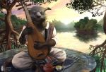  anthro binturong clothed clothing cloud crossed_legs cup detailed_background eyes_closed island musical_instrument musician outside pond portrait rhos sitting sky solo sunset teapot tree water whiskers 