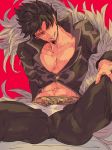  belial_(granblue_fantasy) black_pants black_shirt del_(logicallogos) feather_boa granblue_fantasy grin looking_at_viewer male_focus pants pectorals pink_background red_eyes shirt simple_background sitting smile solo toned toned_male 
