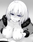  1girl ahoge areolae breasts clenched_teeth coat cum cum_on_body cum_on_breasts cum_on_hair cum_on_upper_body deep_skin ejaculation ejaculation_between_breasts facial fate/grand_order fate_(series) frown fur-trimmed_coat fur-trimmed_sleeves fur_trim greyscale hetero inverted_nipples jeanne_d'arc_(alter)_(fate) jeanne_d'arc_(fate)_(all) large_breasts looking_at_viewer monochrome naked_coat paizuri penis pov short_hair solo_focus sweat teeth uni8 wicked_dragon_witch_ver._shinjuku_1999 