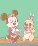  2015 3_toes alien antennae anthro blue_tongue bread brown_body brown_eyes brown_nose clothed clothing crossed_legs dipstick_antennae disney duo easter easter_egg eating experiment_(species) fake_ears fake_rabbit_ears food gold_body green_background holding_food holding_object holidays kurokuma824 lei lilo_and_stitch looking_at_another mammal mickey_mouse mouse one_eye_closed purple_mouth red_nose reuben rodent sandwich_(food) signature simple_background sitting toes white_gloves 