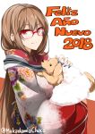  2018 absurdres animal brown_hair commentary_request dog earrings furisode glasses highres holding holding_animal japanese_clothes jewelry kimono lindoh_flores long_hair looking_at_viewer nail_polish new_year original red-eyes_macadamiachoco red-framed_eyewear red_eyes simple_background smile solo twitter_username upper_body white_background 