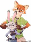  2016 4_fingers annoyed anthro black_nose canine cheek_pinch clothed clothing dipstick_ears disney duo female fox fur gloves_(marking) green_eyes grey_fur grin half-closed_eyes judy_hopps kurokuma824 lagomorph looking_at_viewer making_faces male mammal markings nick_wilde pinch pink_nose police_uniform rabbit raised_eyebrow red_fur simple_background smile text uniform unimpressed white_background zootopia 