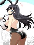  alternate_breast_size alternate_costume animal_ears ass back backless_outfit bare_back bare_shoulders black_hair blue_eyes breasts bunny_ears bunny_tail bunnysuit clipboard commentary_request fake_animal_ears from_behind glasses goma_(gomasamune) hairband highres kantai_collection large_breasts long_hair looking_at_viewer looking_back ooyodo_(kantai_collection) semi-rimless_eyewear sideboob solo tail thighhighs 