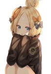  1girl :o abigail_williams_(fate/grand_order) bangs black_bow black_jacket blonde_hair blue_eyes blush bow commentary crossed_bandaids elbows_on_knees fate/grand_order fate_(series) hair_bow hair_bun heroic_spirit_traveling_outfit highres jacket kichi_(kichifav) long_hair long_sleeves looking_at_viewer orange_bow parted_bangs parted_lips polka_dot polka_dot_bow simple_background sitting sleeves_past_fingers sleeves_past_wrists solo symbol_commentary white_background 