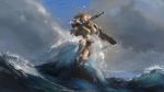  action blonde_hair blue_eyes cloud commentary gun intrepid_(kantai_collection) jumping kantai_collection ocean open_mouth rifle shoes solo waves weapon ye_fan 