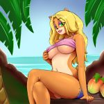  2018 absurd_res anthro bandicoot bedroom_eyes big_breasts black_nose blonde_hair breasts clothed clothing clothing_lift crash_bandicoot_(series) crossed_legs english_text eyeshadow female food fruit fur green_eyes hair half-closed_eyes hi_res jollysaunter long_hair looking_at_viewer makeup mammal marsupial naughty_dog navel orange_fur outside seductive shirt shirt_lift shorts signature smile solo tawna_bandicoot text tree video_games water 