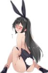  alternate_costume animal_ears ass black-framed_eyewear black_footwear black_hair black_leotard blush bunny_ears bunny_tail bunnysuit closed_eyes fake_animal_ears glasses high_heels highres kantai_collection leotard long_hair mtu_(orewamuzituda) ooyodo_(kantai_collection) open_mouth simple_background solo tail tears white_background 