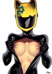  animal_helmet black_bodysuit bodysuit breasts celty_sturluson center_opening dark_nipples durarara!! helmet latex medium_breasts motorcycle_helmet nipples no_bra shiny shiny_clothes skin_tight solo torn_bodysuit torn_clothes typo_(requiemdusk) 