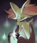  brown_eyes commentary dated delphox fire gen_6_pokemon looking_away looking_down no_humans outdoors pokemon pokemon_(creature) purple_background purple_fire rock-bomber signature solo upper_body white_fire 