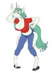  anthro big_breasts breasts clothed clothing comfycushion equine female green_eyes hooves horn mammal open_mouth solo standing thick_thighs torn_clothing unicorn 