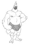  2018 anthro avian beak biceps big_pecs biped bird boxers_(clothing) breath_of_the_wild bulge clothed clothing digital_media_(artwork) eyelashes front_view full-length_portrait greyscale hi_res kass_(zelda) looking_at_viewer male monochrome musclegut muscular muscular_male navel nintendo nipples pecs portrait rito simple_background smile solo standing talons the_legend_of_zelda toomanyboners topless underwear video_games white_background 