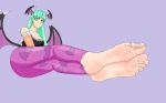  animal_print artist_request ass bangs bare_shoulders barefoot bat_print bat_wings breasts cleavage closed_mouth collarbone feet feet_together full_body green_eyes green_hair head_wings highres legs_together long_hair looking_at_viewer lying morrigan_aensland on_side pov_feet purple_background purple_legwear self_upload simple_background smile soles solo toes vampire_(game) wings 