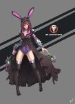  absurdres animal_ears black_footwear black_legwear boots bracer breasts brown_hair bubble_blowing bunny_ears chewing_gum cleavage collarbone d.va_(overwatch) facepaint facial_mark full_body fusion glowing glowing_eye grey_background gun highres hooded_coat leotard long_hair looking_at_another medium_breasts mute_(c20029) overwatch pauldrons purple_leotard reaper_(overwatch) red_eyes signature simple_background solo standing thigh_boots thighhighs torn_coat trench_coat weapon whisker_markings 