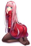  ass bangs between_legs blue_eyes blunt_bangs blush brown_legwear closed_mouth darling_in_the_franxx dress eyebrows_visible_through_hair feet full_body hairband hand_between_legs hand_on_own_cheek horns kneeling leaning_forward long_hair no_shoes pantyhose pink_hair red_dress shiny shiny_clothes simple_background soles solo very_long_hair white_background white_hairband yoruda zero_two_(darling_in_the_franxx) 